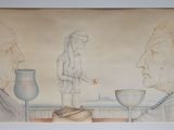 tableau représentant un homme et une femme assis à une table, à côté d'un verre à vin