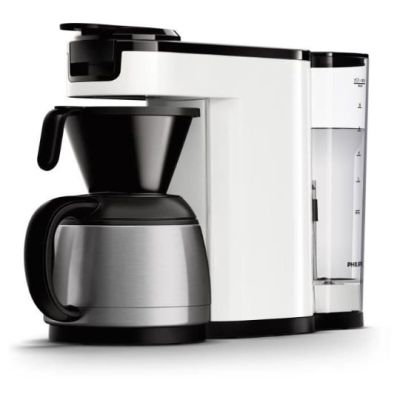 the coffee maker is white and black on a white background