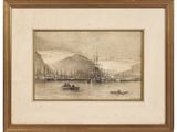 tableau représentant une scène portuaire avec des bateaux et des montagnes en arrière-plan