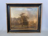 a painting of a wooded scene with a man and a dog in the foreground