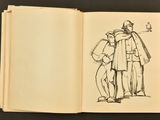 an open book with a drawing of a man and a woman standing next to each other