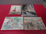 quatre cartes postales représentant des peintures asiatiques posées sur une nappe rouge