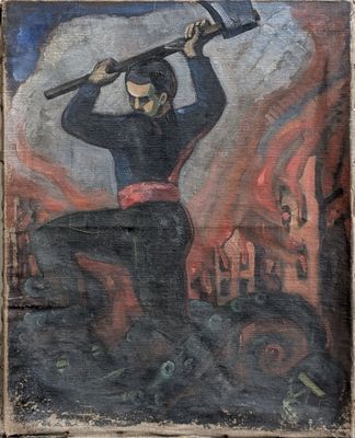 an old painting of a man holding a hammer on top of a pile of rubble