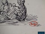 a drawing of a man and a woman sitting on the ground