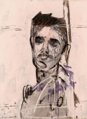 peinture représentant un homme tenant un couteau à la main, sur un mur