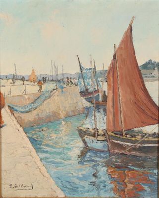 an image of a painting of boats in a harbor with people on the shore