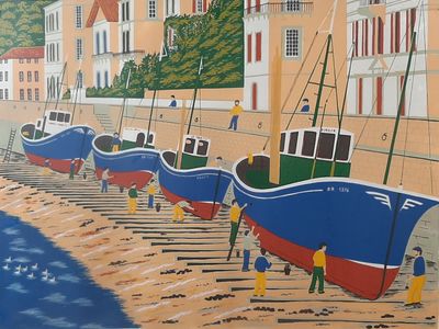 painting of a row of boats on a beach next to a building