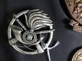a close up of a brooch and a coin on a table