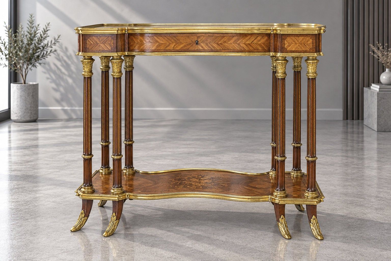 Petite table console de salon en placage de bois marqueté to…