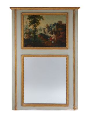une photo d'un tableau accroché au mur au-dessus d'un miroir
