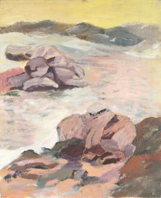 une peinture à l'huile représentant des rochers sur une plage au bord de la mer