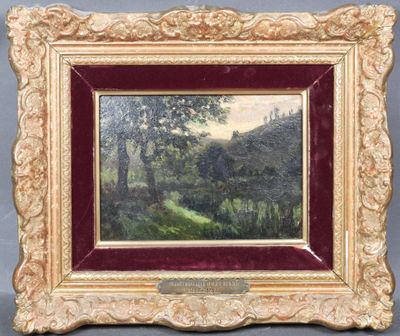 un tableau représentant un paysage avec des arbres dans un cadre doré