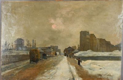 a painting of people walking down a snowy road