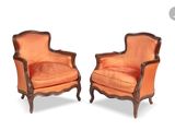 pair of louis xv style armchairs in orange velvet upholstered