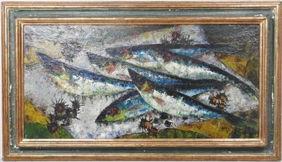 une peinture à l'huile représentant un groupe de poissons, dans un cadre doré