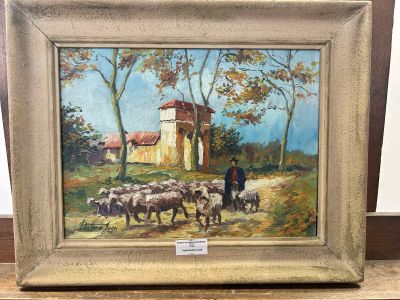 une peinture à l'huile représentant un homme avec un troupeau de moutons devant une grange