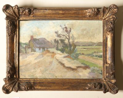 an image of a painting of a country road with a house in the background