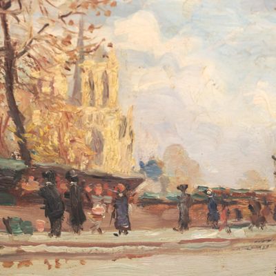 une peinture à l'huile représentant une scène de rue avec des passants et une église en arrière-plan