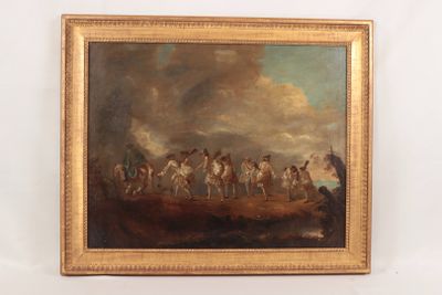 an oil painting of a group of men riding horses in a field