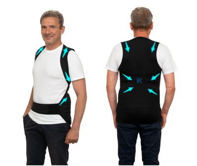 le dos d'un homme portant un gilet noir et bleu orné d'éclairs