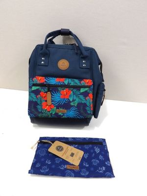 a blue and orange backpack with a tag on it next to a blue and orange bag