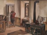 un tableau représentant un homme en chemise rouge assis dans une pièce