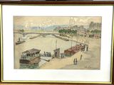 painting of a view of a harbor with boats and people on the water