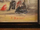 a painting of people sitting on the beach with umbrellas