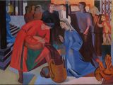 tableau représentant un groupe de personnes rassemblées autour d'une femme en robe rouge