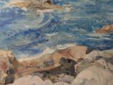 a painting of sheep on a rocky beach by the ocean