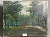 an oil painting of a park scene with people walking in the distance