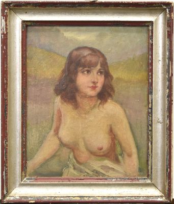une peinture à l'huile représentant une femme nue assise dans un champ