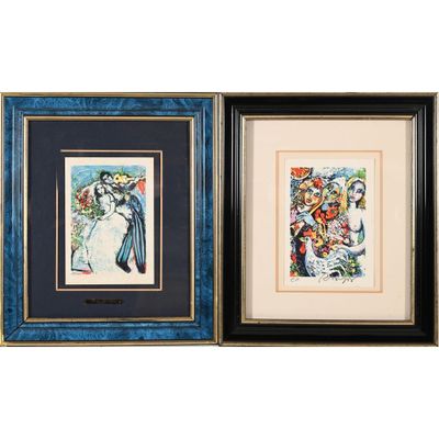 two framed paintings of a woman and a man with flowers