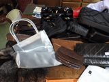 a cat that is sitting on a table next to a purse