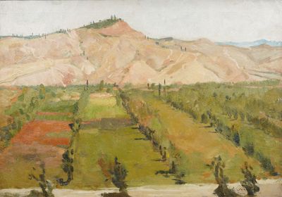 a painting of a view of a valley with a mountain in the background