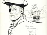 drawing of a man with a hat and a sailboat in the background