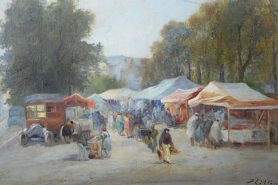 un tableau représentant un marché de rue où des gens se promènent