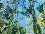 an oil painting of trees in a forest with a blue sky in the background