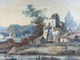 painting of a landscape with a castle and a river in the foreground