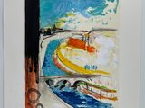 a picture of a painting of a boat on the water