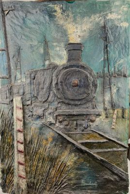 a painting of a train that is on a table
