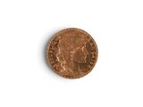 an image of a penny on a white surface with a white background