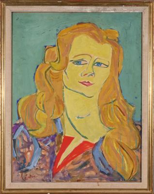 painting of a woman with blonde hair and blue eyes in a gold frame