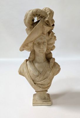 marble bust of a woman with a hat and a bird on her head