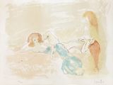 painting of two women sitting on a beach with a dog