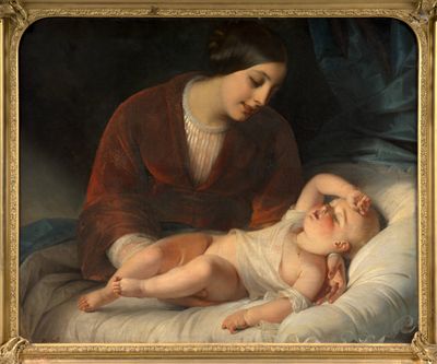 tableau représentant une femme tenant un bébé dans un lit