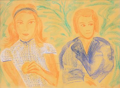 dessin représentant deux femmes assises l'une à côté de l'autre dans une pièce