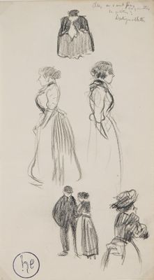 four sketches of women in dresses and hats, one of which is wearing a hat