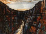 an image of a painting of a train going through a tunnel