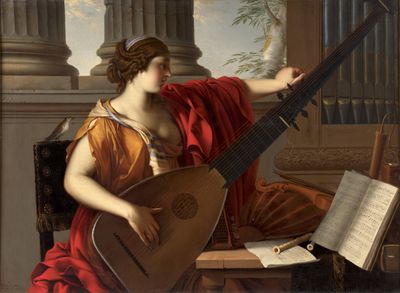 un tableau représentant une femme assise sur une chaise en train de jouer du luth